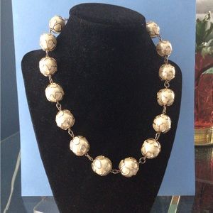 Faux pearl necklace in gold tone floral wire cage  8.5” drop VINTAGE CLEAN!